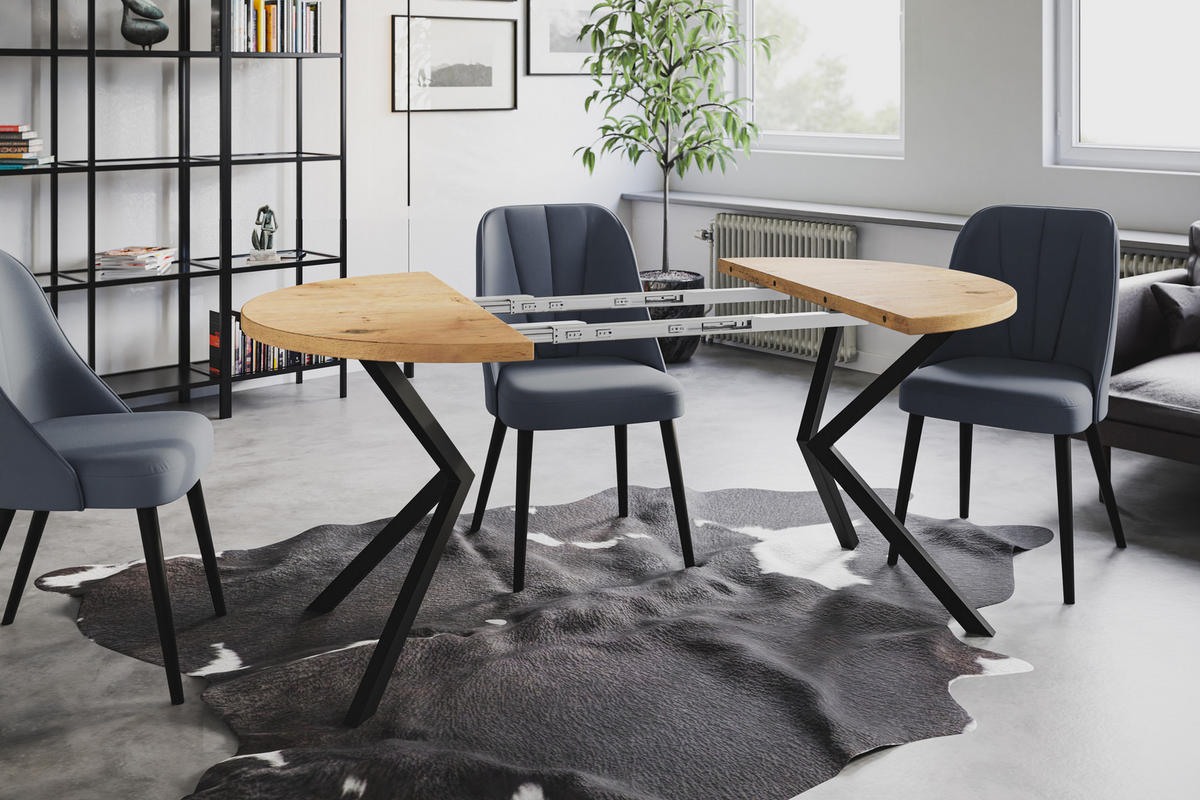 ESSZIMMERTISCH LOFT LITEN, ausziehbarer Tisch 120 cm/200 cm, Farbe: Hellbraun, mit Metallbeinen in Farbe Schwarz - Beige/Schwarz, Holzwerkstoff (120/120/76cm) - Alpi-Möbel