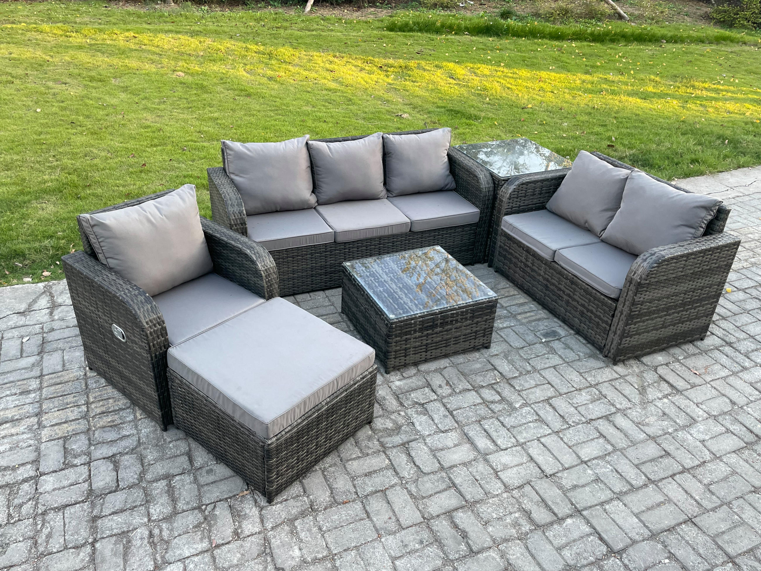 GARTENTISCHGRUPPE Polyrattan Dunkelgrau 6-teilige - Dunkelgrau/Grau, Glas/Kunststoff - Fimous