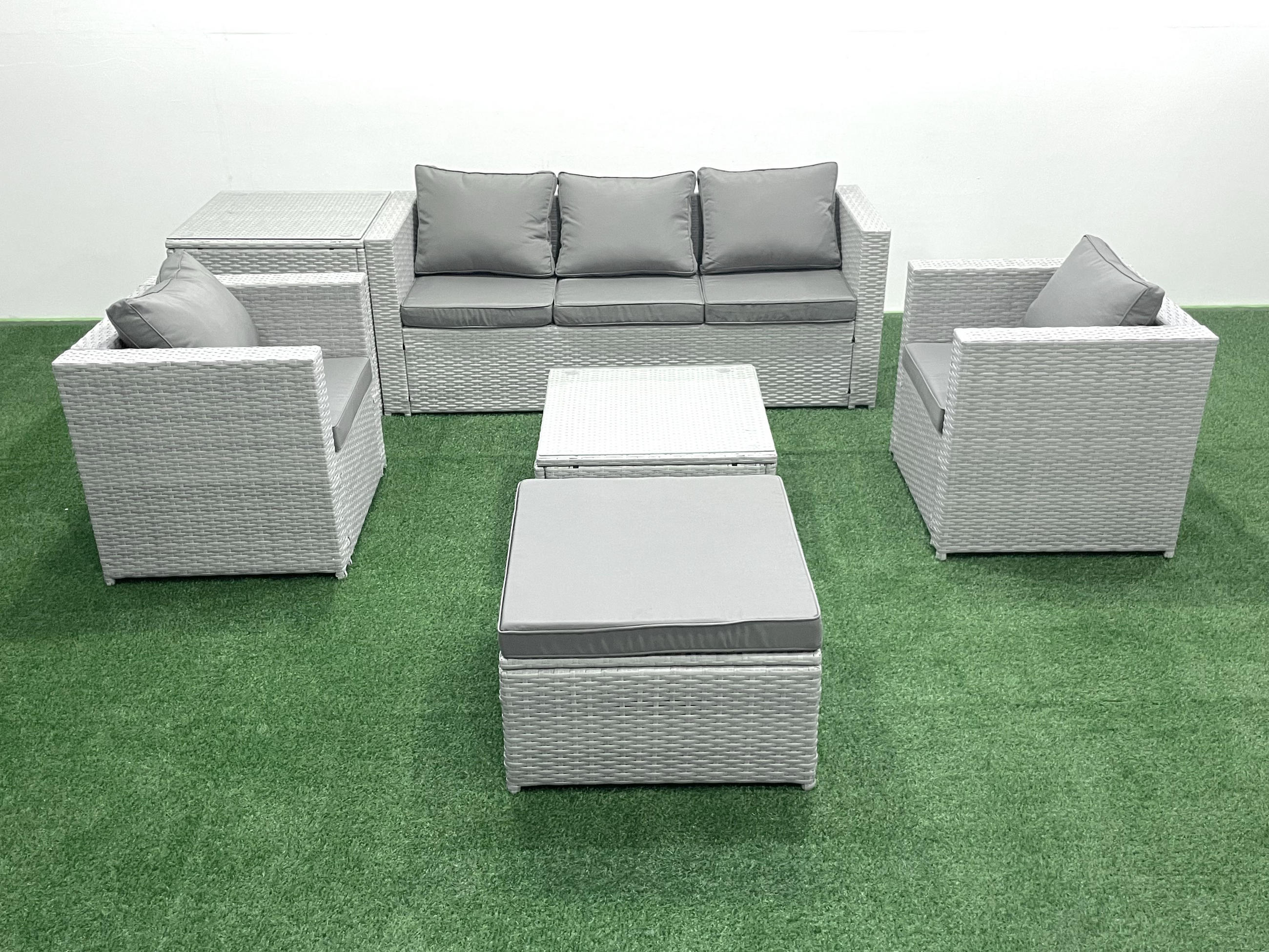 GARTENMÖBEL-SET mit Kissen Polyrattan Hellgrau-Mix 6-Sitzer - Hellgrau/Grau, Glas/Kunststoff - Fimous