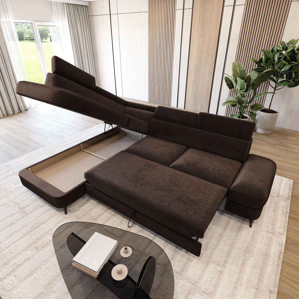 ECKSOFA AVISE M L-S Braun Velours-Stoff mit Schlaffunktion - Braun, Holzwerkstoff/Textil (268/195cm) - MASSENO
