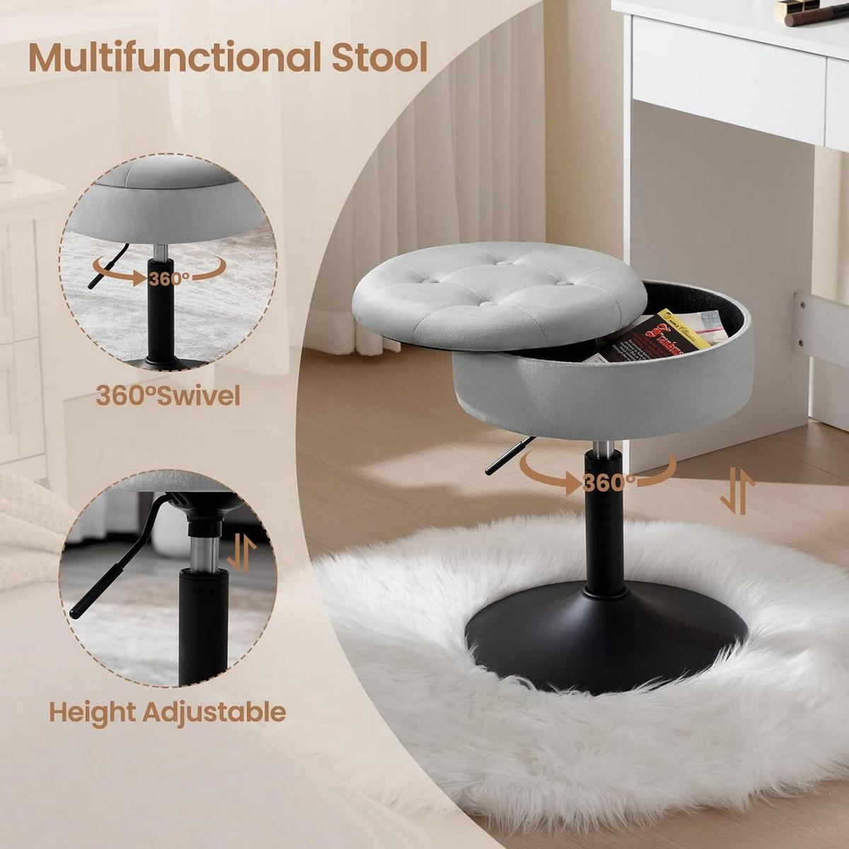 SITZHOCKER 2er Set mit Stauraum, aus Samt, Hellgrau - Hellgrau/Schwarz, Kunststoff/Textil (38.5/50/38.5cm) - Woltu