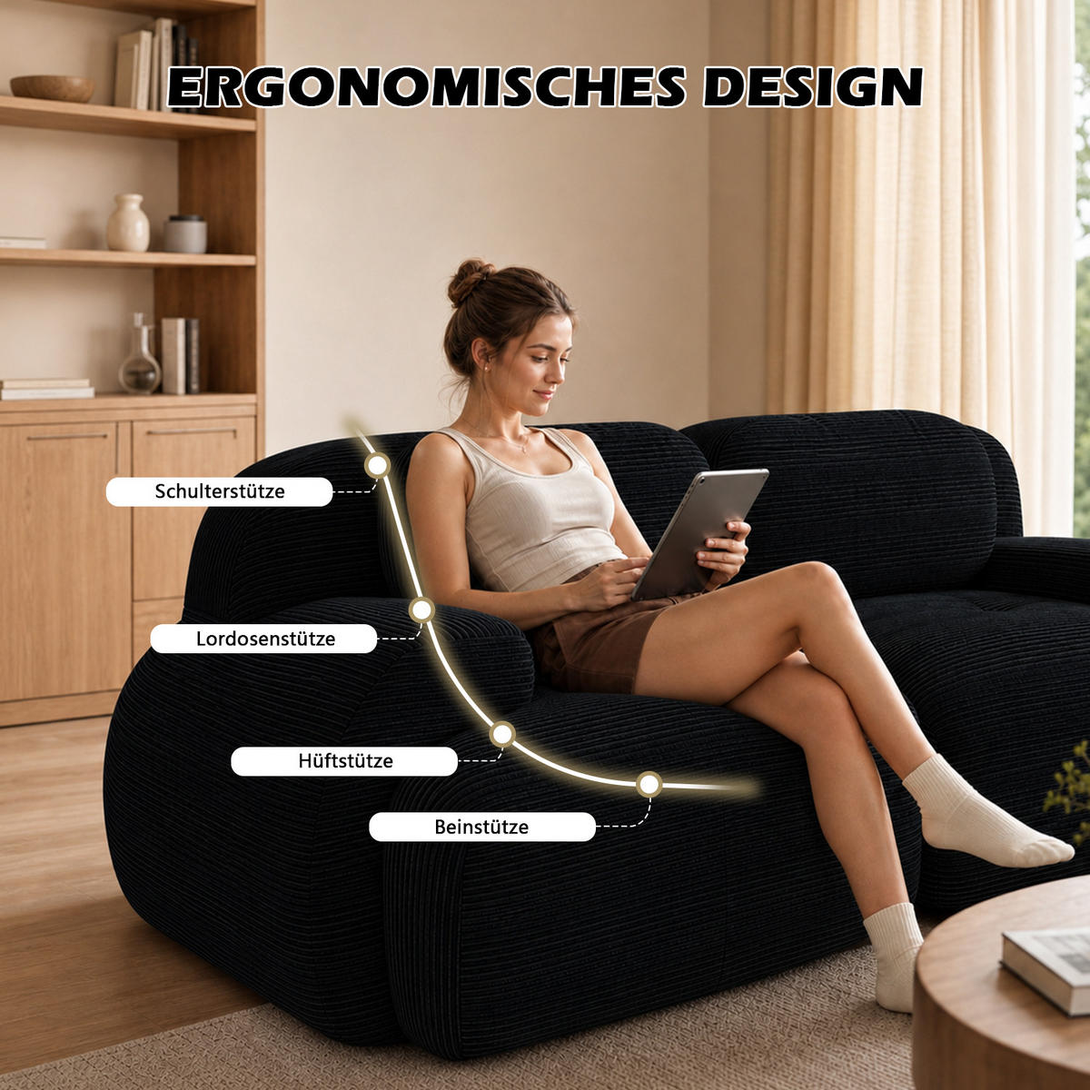 SOFA 2-Sitzer mit abgerundeter Form, schwarz - Schwarz, Textil (178/178/208cm) - Meubles Cosy