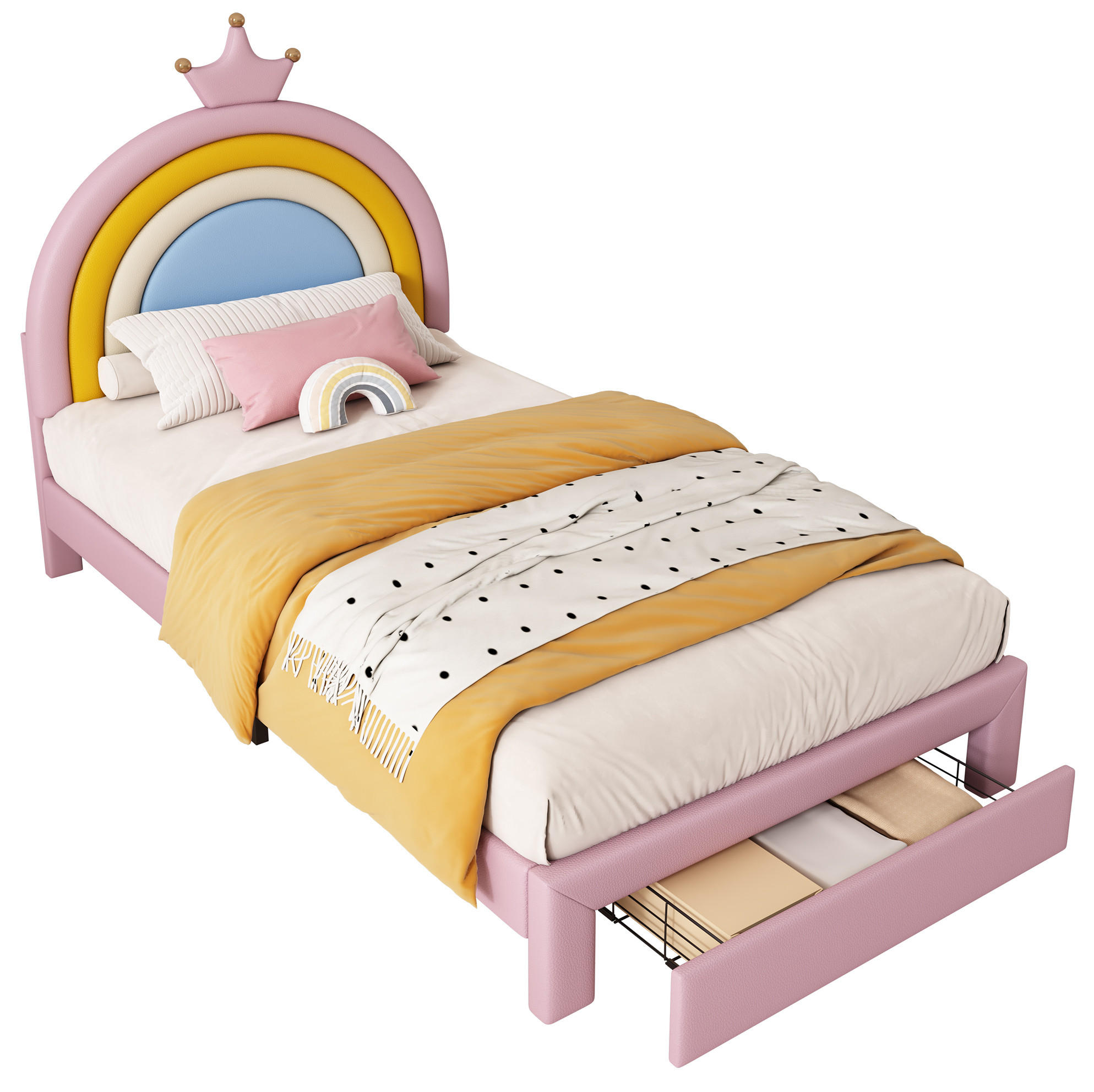 KINDER-POLSTERBETT aus PU 90x200 cm Rosa mit höhenverstellbarem Regenbogen-Kopfteil und Schublade - Pink, Kunststoff (90/200cm) - Modfu