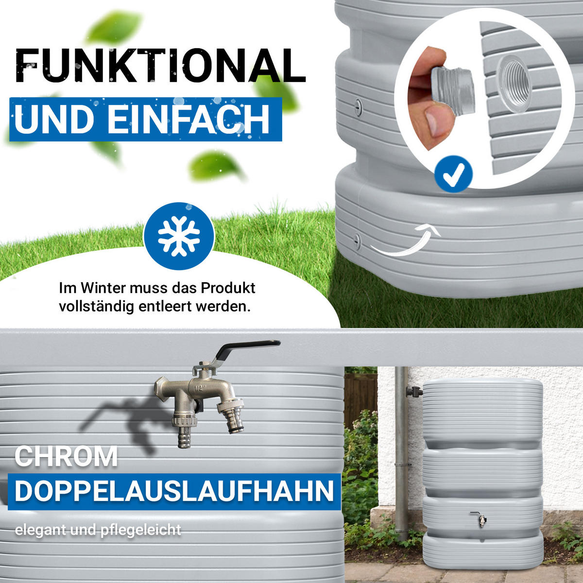 REGENTONNE Wandtank Komplett-Set 500 L, betongrau inkl. Chrom-Doppelauslaufhahn und Fallrohranschluss - Grau, Kunststoff (62/122/80cm) - 4rain