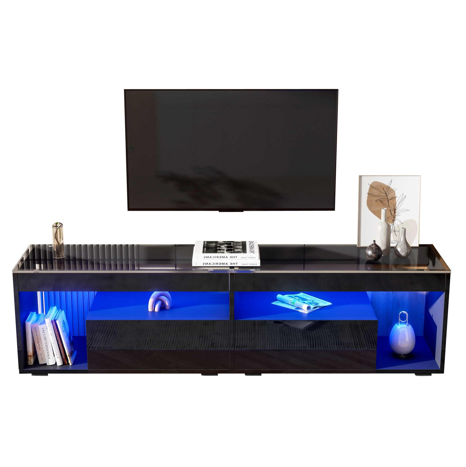 LOWBOARD 180/40/46 cm in Schwarz mit LED-Beleuchtung und 2 Schubladen - Schwarz, Holzwerkstoff (180/46/40cm) - Flora Grace