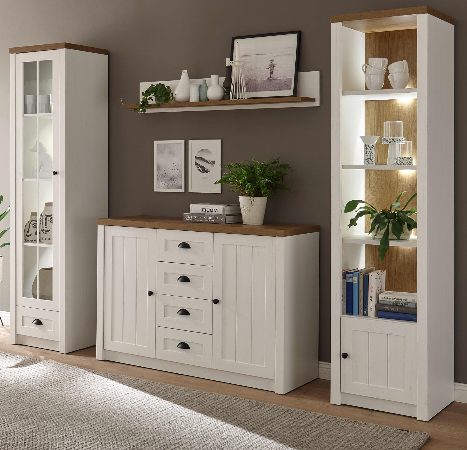 WOHNWAND weiß Pinie, Eiche hell 4-teilig 270 cm, Wohnkombination Landhaus-Stil - Eichefarben/Schwarz, Holzwerkstoff/Kunststoff (270/198/43cm) - Furn.Design