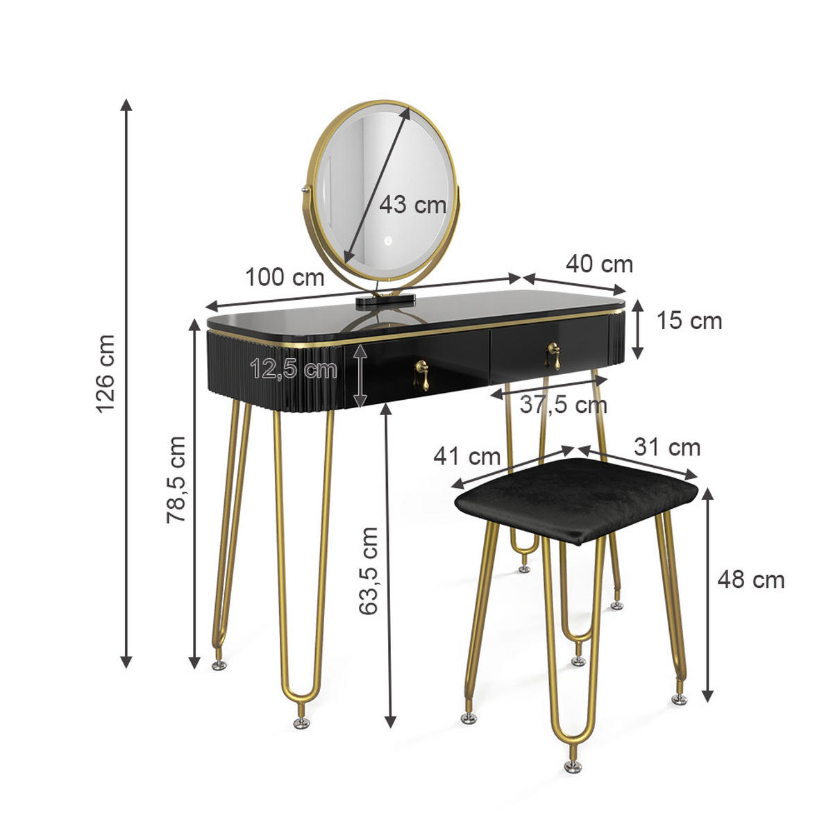 SCHMINKTISCH Grace Schwarz 100 cm mit LED Beleuchtung und Hocker - Schwarz, Holzwerkstoff (100/126/40cm) - Vicco