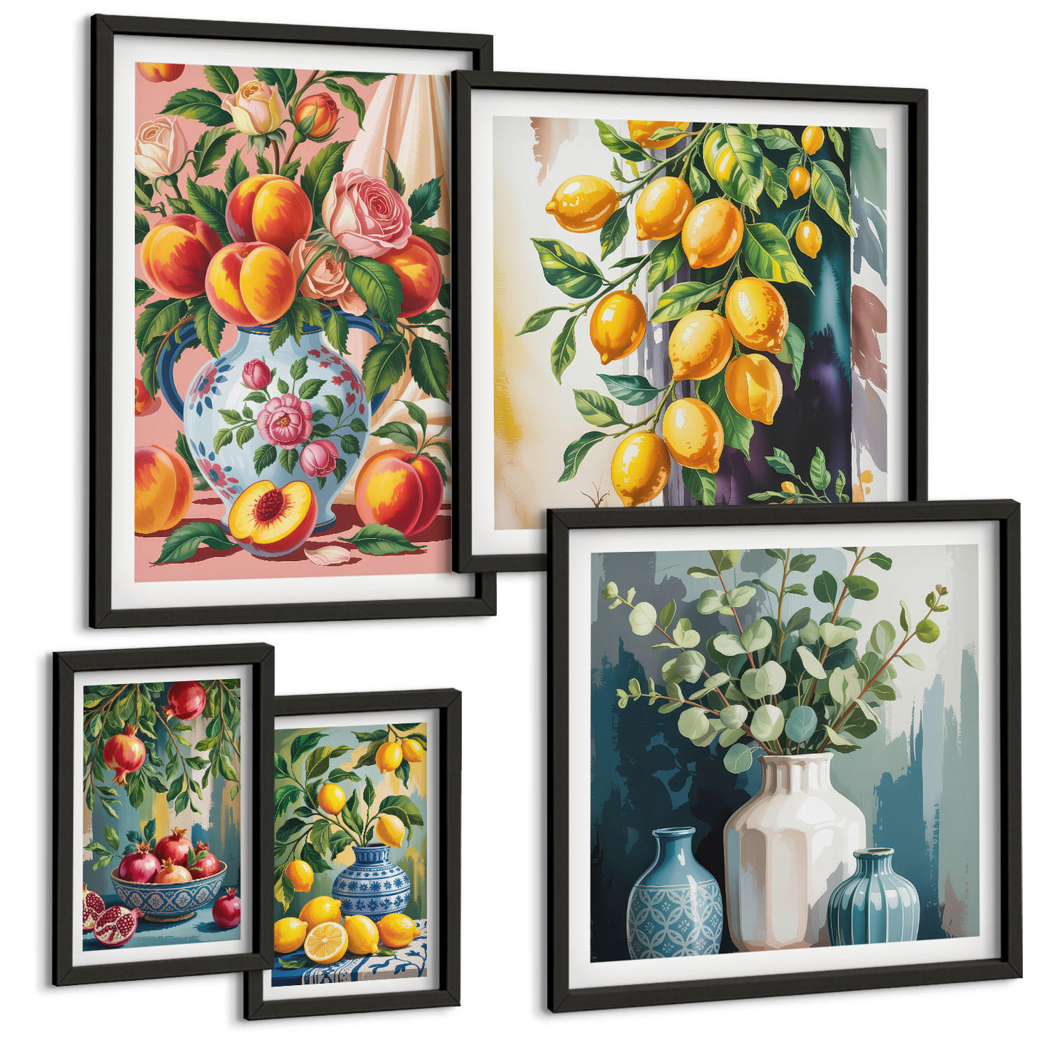 BILDER SET 5er Set - 50x50 cm & 20x30 cm & 40x60 cm Schwarzer Rahmen - Amalfi-Zitronen und -Orangen - Schwarz, Kunststoff (40/60cm) - TULUP