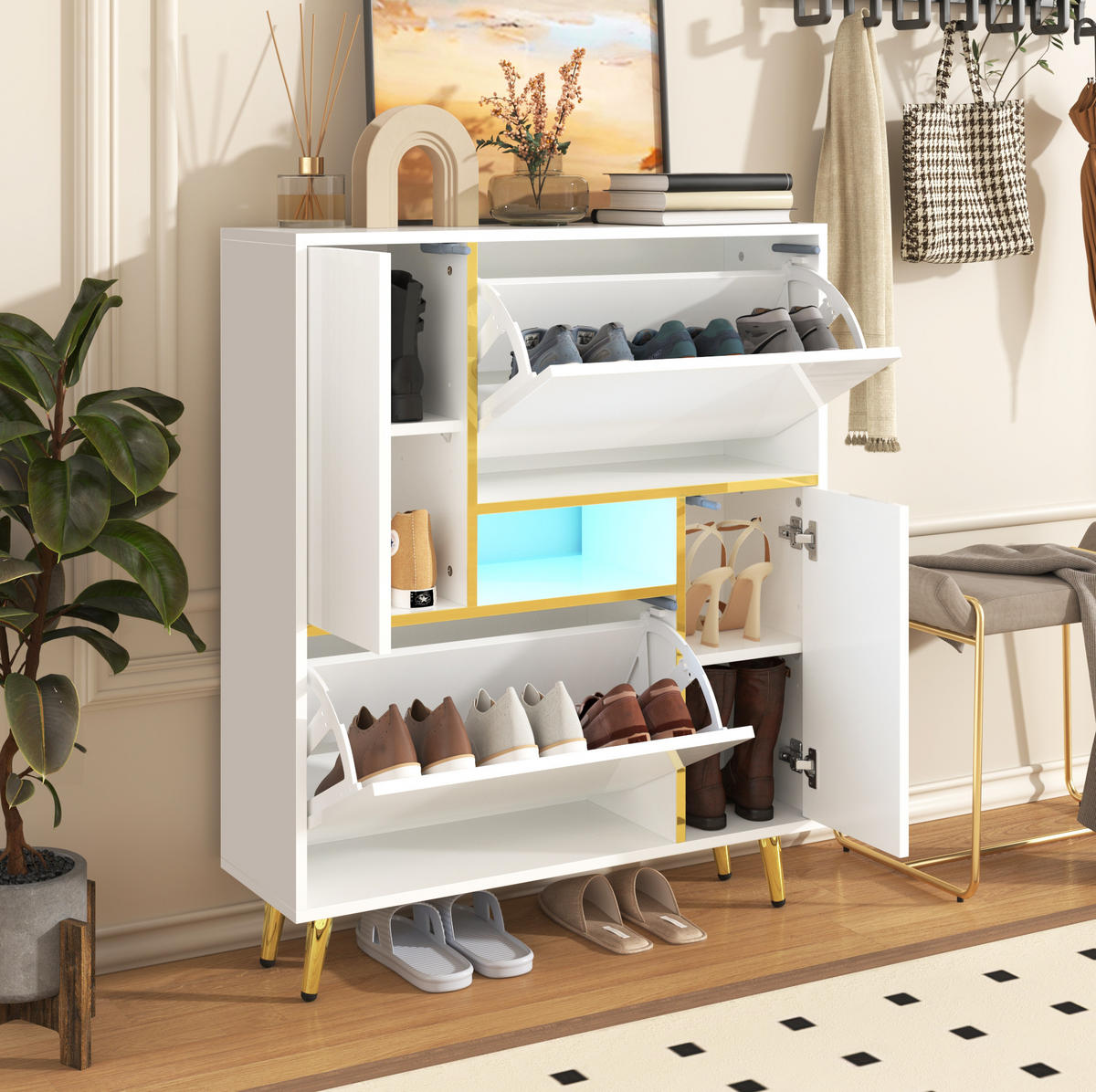 SCHUHSCHRANK 80/96/25 cm Weiß aus Spanplatte mit LED-Beleuchtung - Weiß, Holzwerkstoff (80/96/25cm) - OKMYHOME