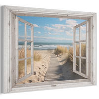 AKUSTIKBILD Fenster - Meer - Küste - Natur - Ausblick - Strand - Wattenmeer Akustikpaneele 90x60 cm - Beige, Kunststoff (90/60/0.9cm) - MuchoWow