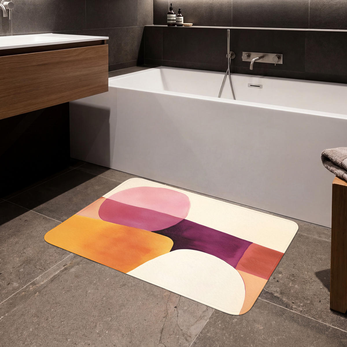 KOUPELNOVÁ PŘEDLOŽKA Tvary - abstraktní - barevné 90x60 cm - terakotová, textil/plast (90/60cm) - OnlyWow