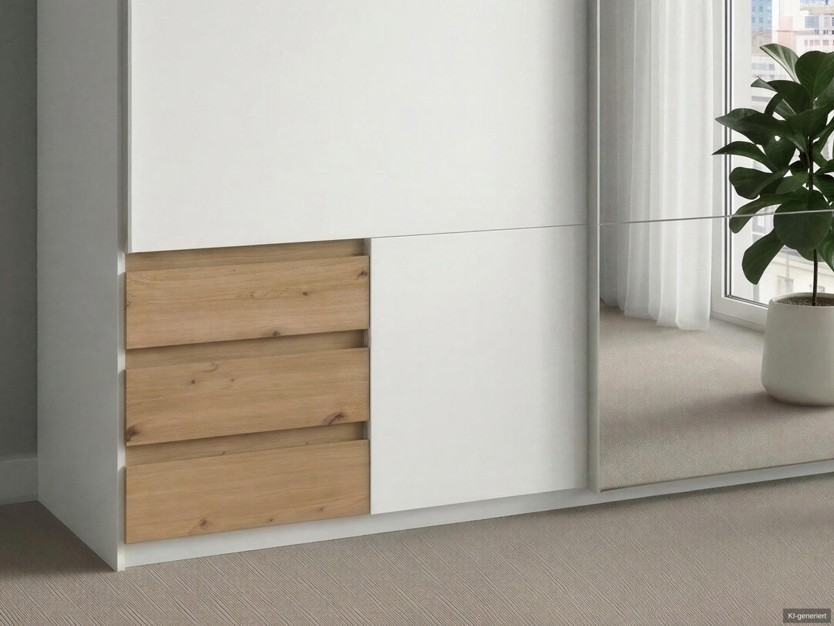 SCHWEBETÜRENSCHRANK 2-türig B179/H198/T65 cm, Kleiderschrank in Weiß mit Spiegel, 1x Tür & sichtbare Schubkästen in Eiche Artisan Dekor / 22704 - Alufarben/Weiß, Holz/Holzwerkstoff (179/198/65cm) - luma-home