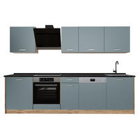 KÜCHENZEILE R-Line, Blau-Grau/Goldkraft Eiche, 280 cm ohne Arbeitsplatte - Honigeiche/Blaugrau, Holzwerkstoff (280/206.8/46cm) - Vicco