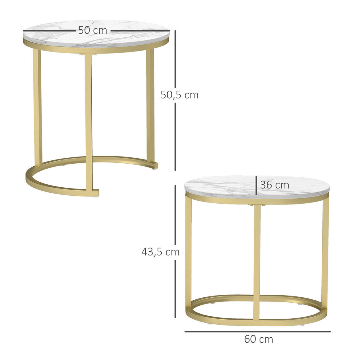 COUCHTISCH Ø50/50.5 cm und 60/36/43.5 cm Weiß aus MDF mit Stahlrahmen, stapelbar - Weiß, Holzwerkstoff (50/50/50.5cm) - OKMYHOME