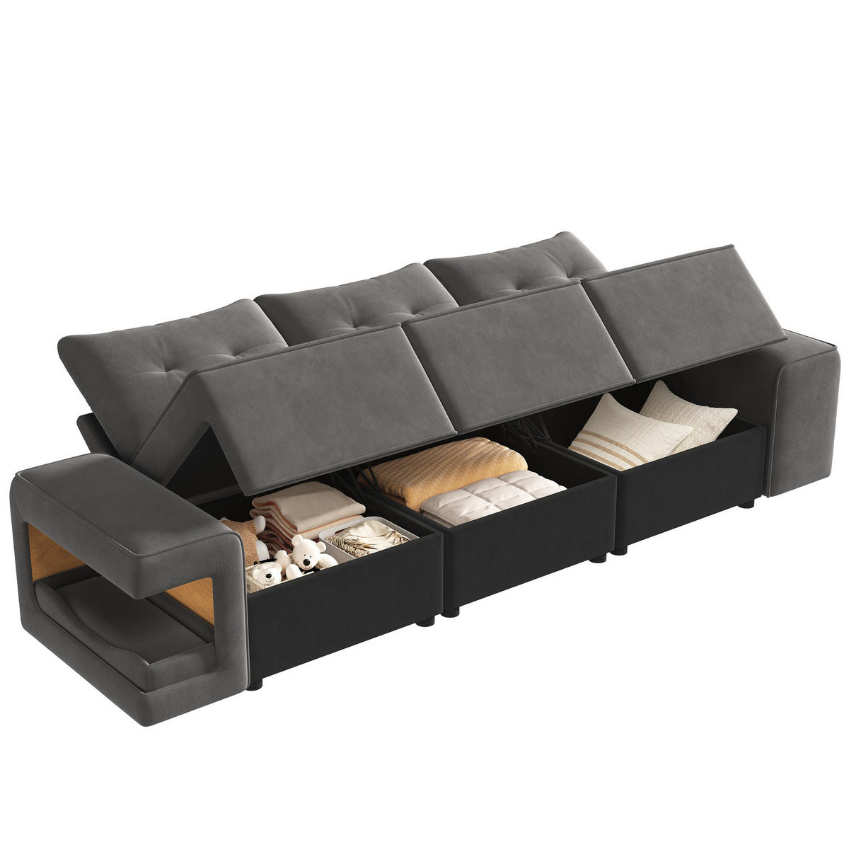 3-SITZER-SOFA 229,5/78/84 cm mit Stauraum, Haustiernischen und breiten Armlehnen, Samt, Grau - Grau, Textil (229.5/84/78cm) - Redom