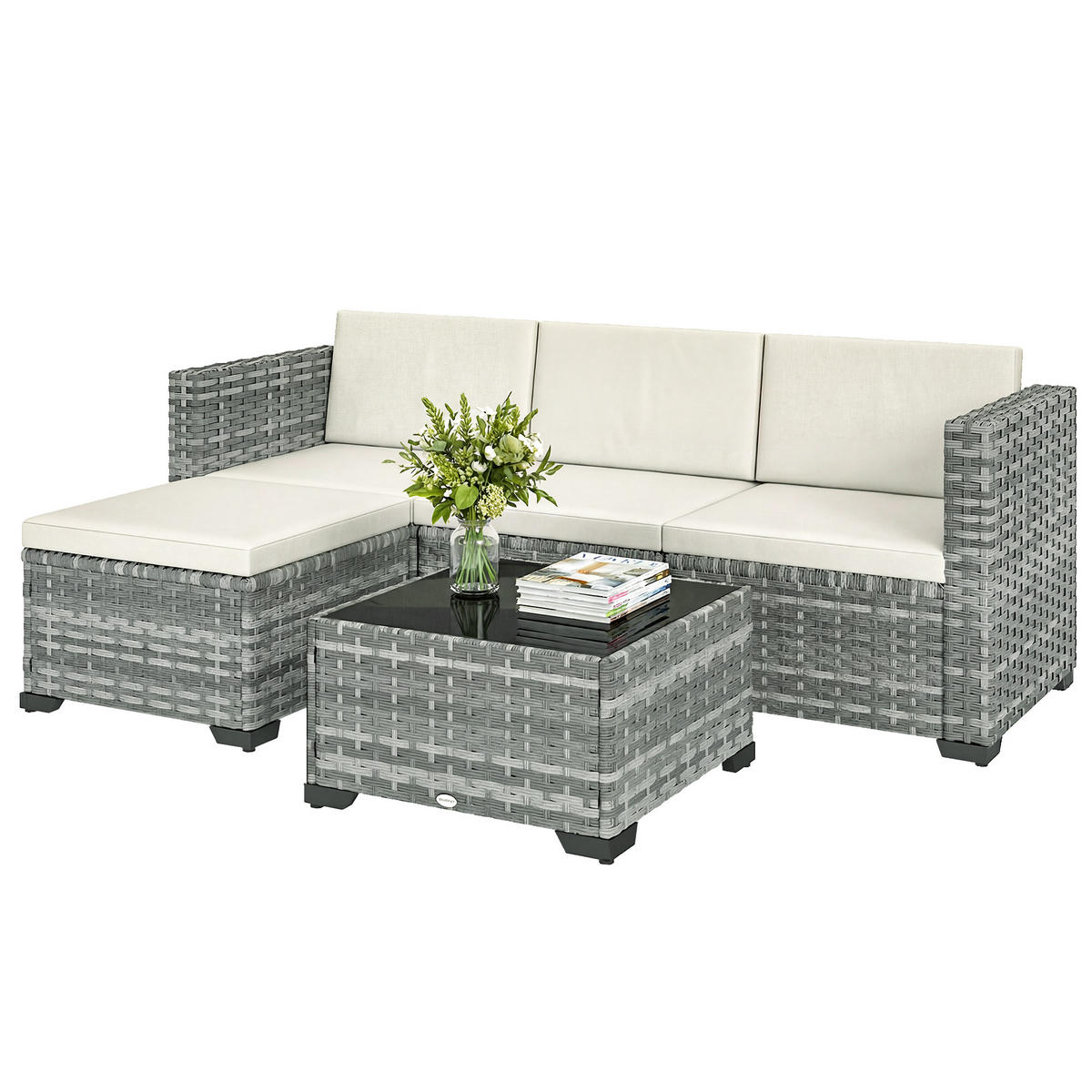 GARTENMÖBEL-SET 5-teilig DE-06773 Ecksofa mit Tisch Grau/Cremeweiß - Grau, Kunststoff/Metall - ComfortXL