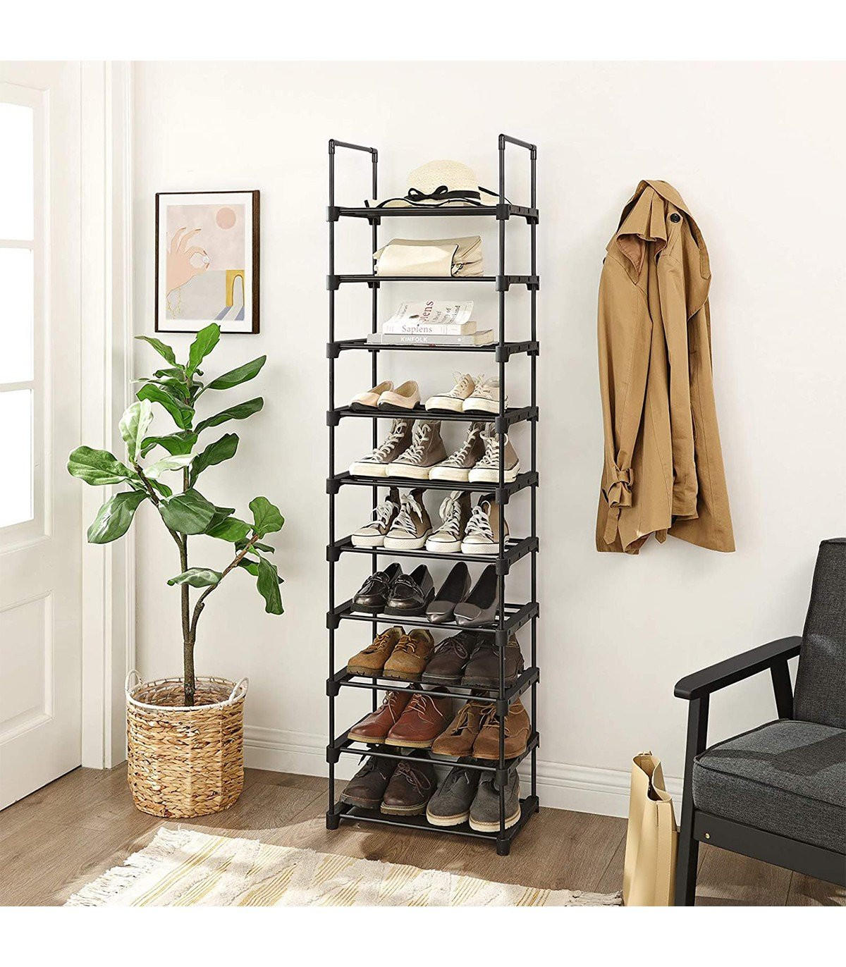 SCHUHREGAL aus schwarzem Eisen mit 10 anpassbaren Ebenen - L45 x H174 cm. - Schwarz, Metall (30/174/45cm) - Calicosy