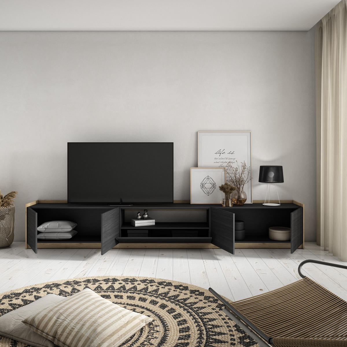 TV-SCHRANK, Lowboard, Schwarz Eiche, 310/37/50cm - Schwarz, Holzwerkstoff (310/50/37cm) - Skraut Home