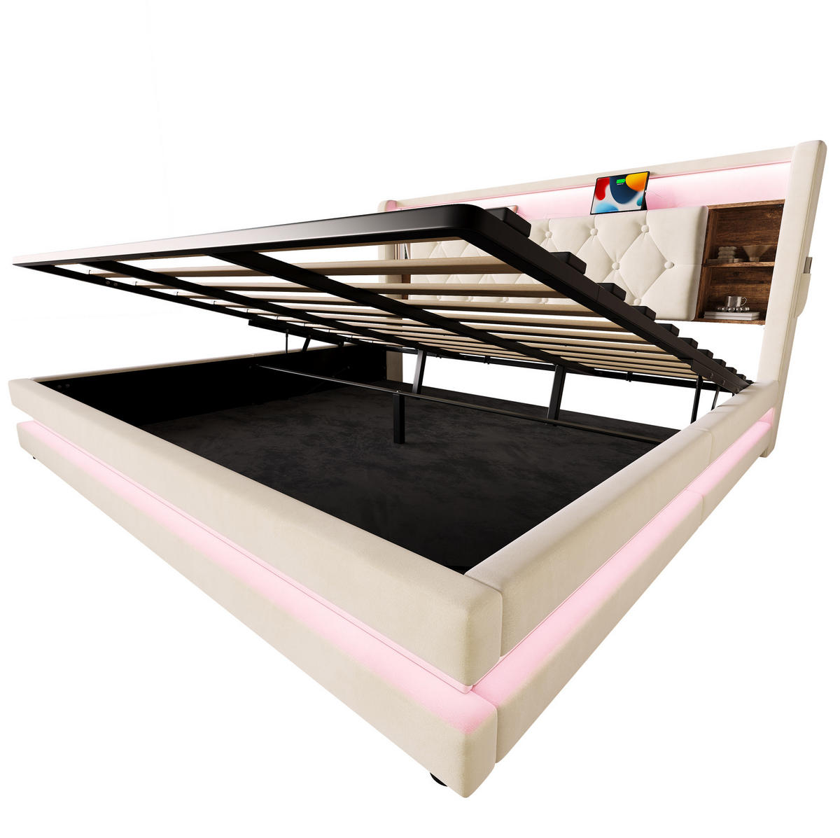 SAMETOVÁ čalouněná postel 180/200 cm s LED, USB-C a hydraulickým úložným prostorem, Béžová - béžová, textil (180/200cm) - Redom