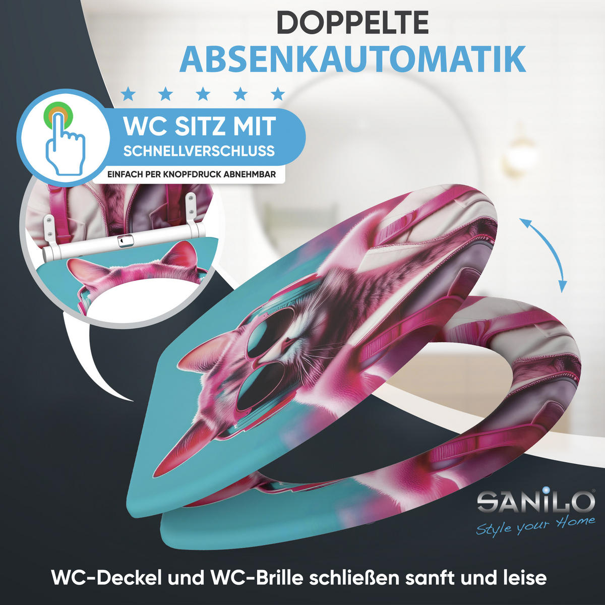 WC-SITZ mit Absenkautomatik & Top Fix Neon Cat - Pink, Holzwerkstoff (37.7/5/48cm) - Sanilo
