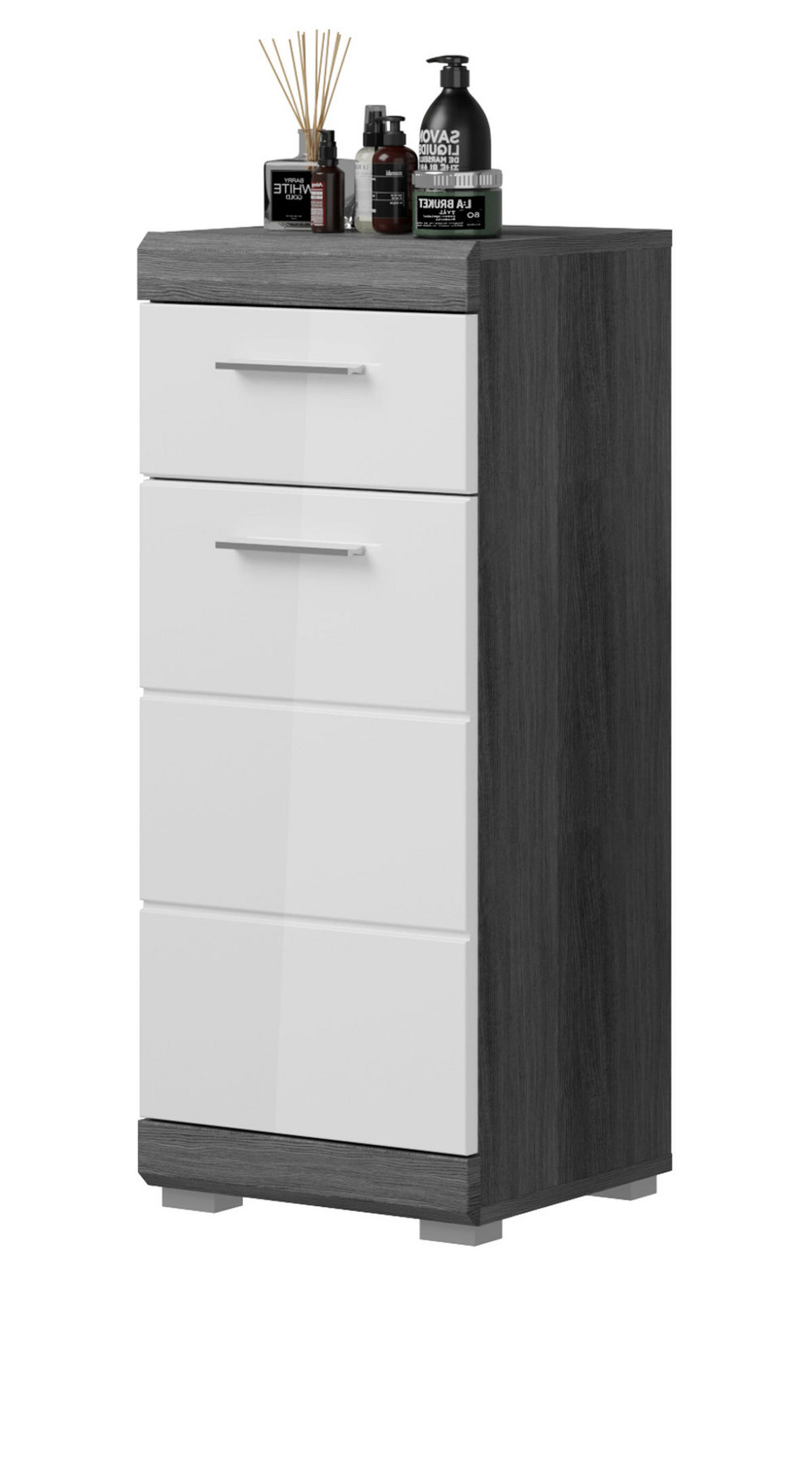 KOMMODE weiß Hochglanz, grau 88 cm, Badkommode mit Vollauszug - Chromfarben/Weiß Hochglanz, Holzwerkstoff/Kunststoff (37/88/31cm) - Inn.Furn
