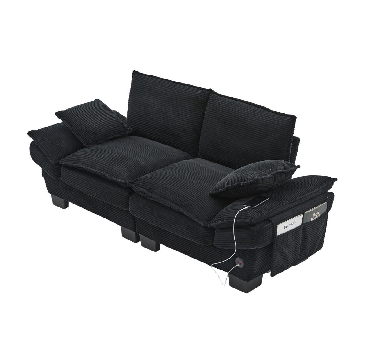 SOFA mit USB-C-Anschluss 2-Sitzer 190 x 73 x 84 cm Corduroy Schwarz - Schwarz, Kunststoff (73/84/190cm) - Meubliv