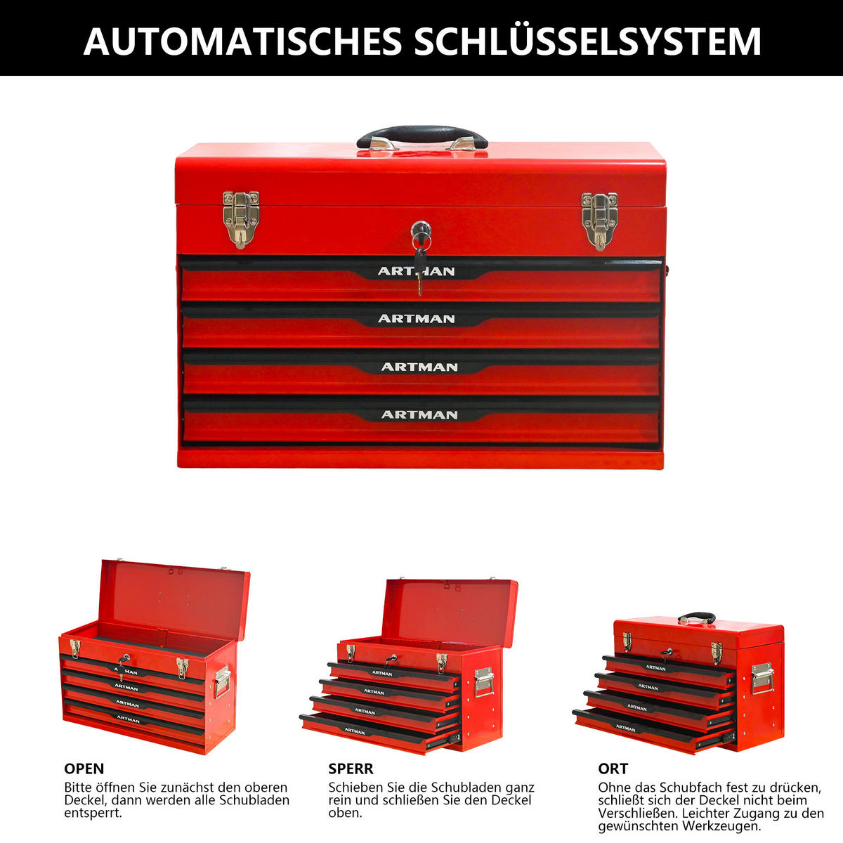 WERKZEUGKISTE 20 Zoll mit 3 Schubladen, pulverbeschichteter Stahl, Rot - Rot, Metall (22.3/34.5/53.2cm) - Novahome