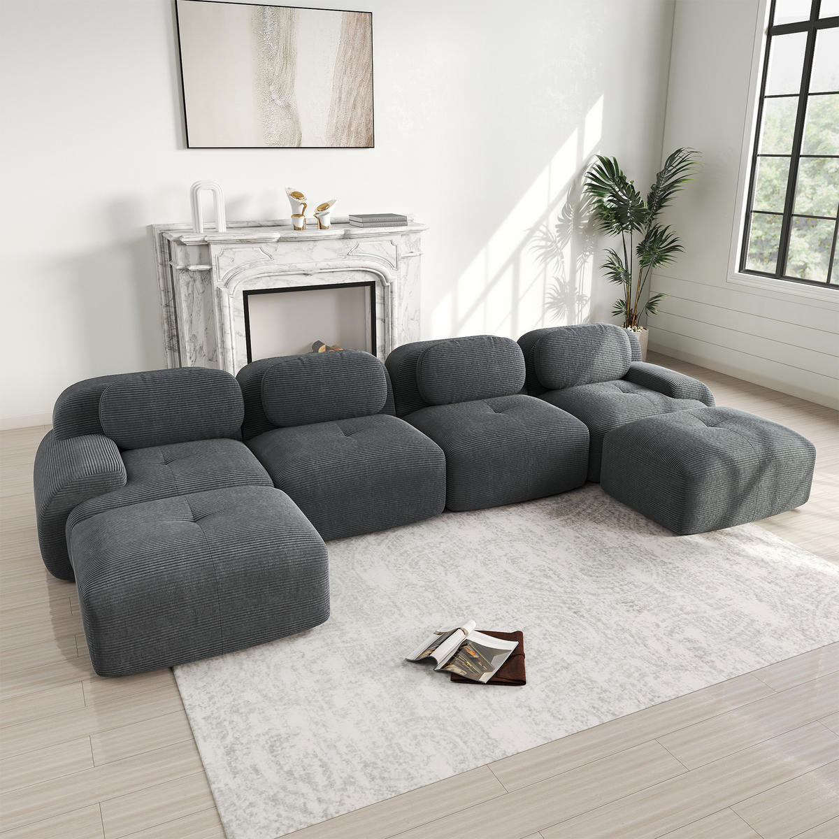 WOHNLANDSCHAFT Cord Grau montagefrei - Grau, Textil (388/75/178cm) - WISHDOR