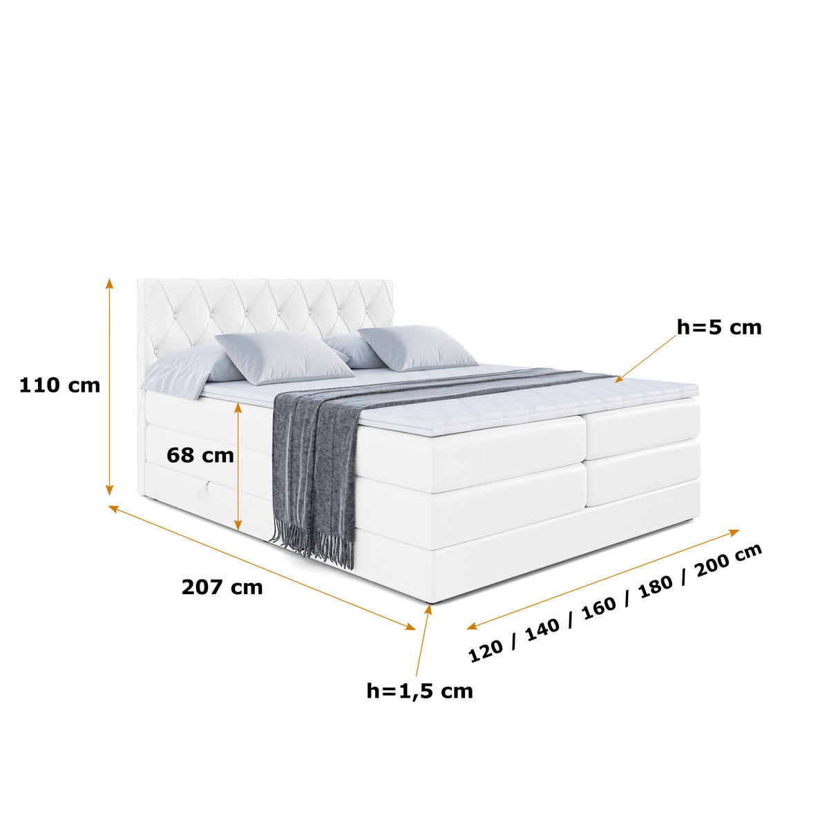 BOXSPRINGBETT AMAY-BZ KING - 200 x 200 - H3/H4 - Weiß Hochglanz - Weiß Hochglanz, Holzwerkstoff (200/200cm) - ALTDECOR