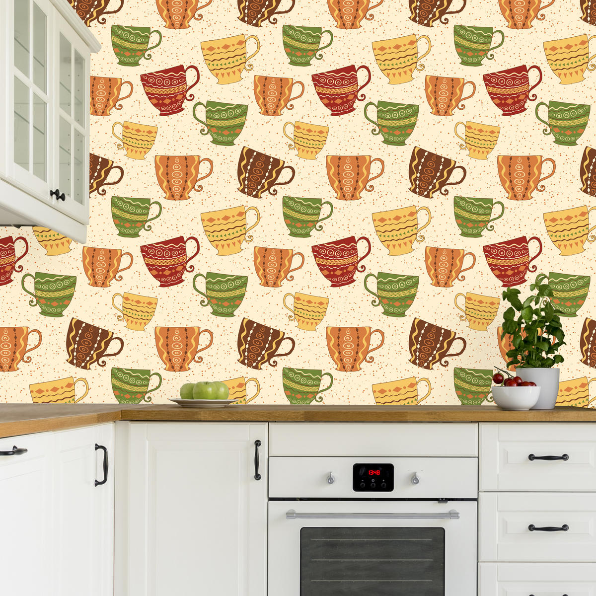 VLIESTAPETE Tassen und Punkte im Vintage-Stil – Bunt, Beige – 50x1000 cm - Beige/Multicolor, Papier (50/1000cm) - Muralo