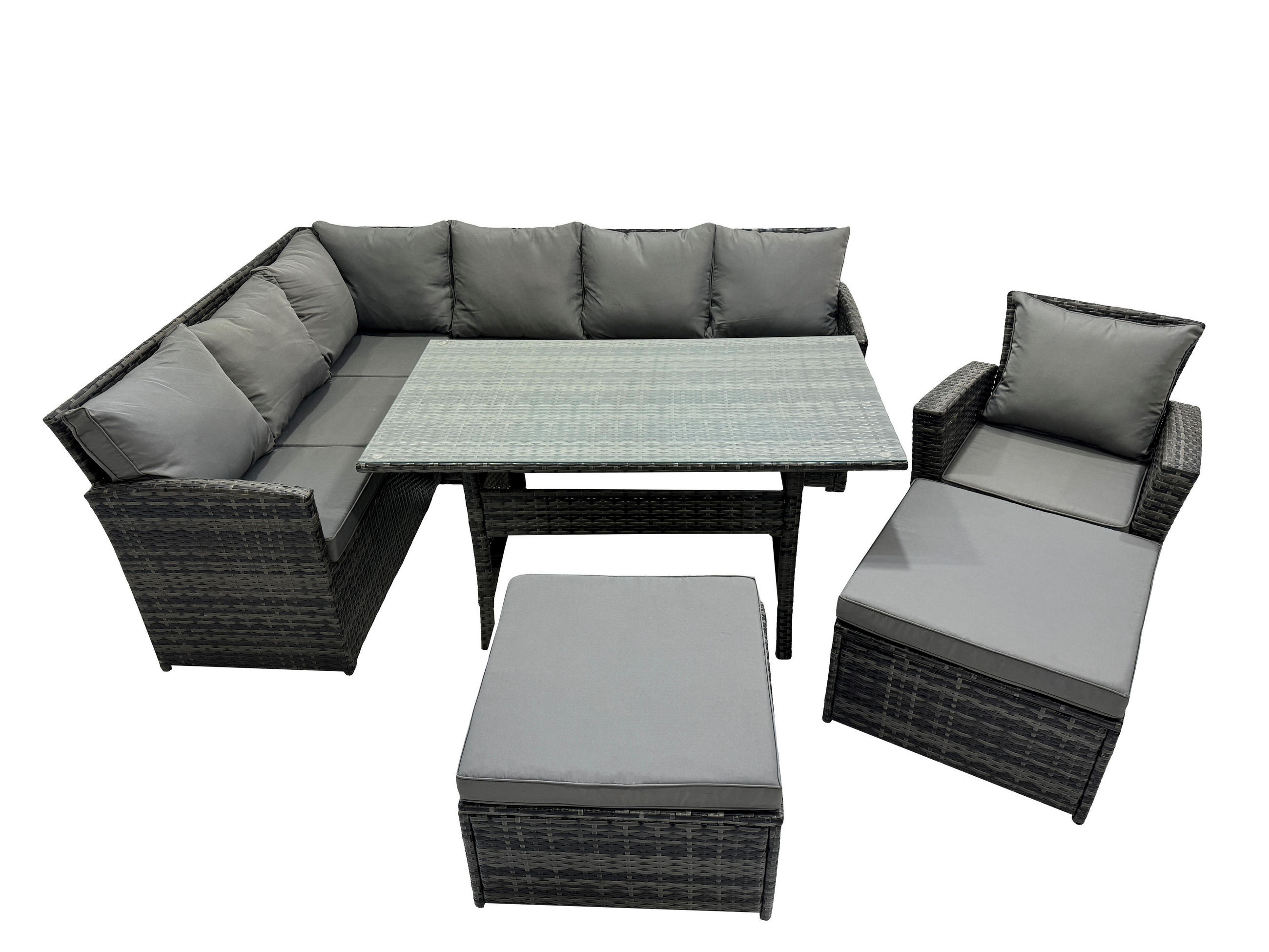 SITZGRUPPE mit Esstisch,2 Fußhocker,Stuhl Polyrattan Dunkelgrau 9-Sitzer - Dunkelgrau/Grau, Glas/Kunststoff - Fimous