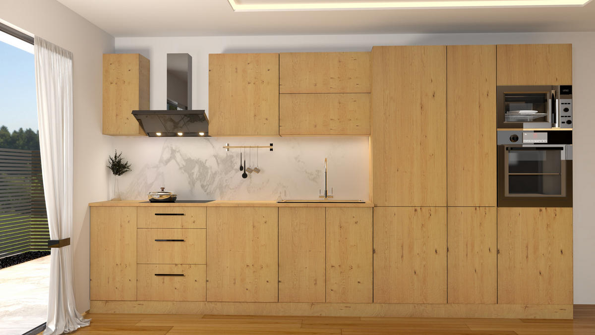 KÜCHENZEILE 400 cm - Nexa KÜ-LN-001 - in Woodline / Matt - Schwarz/Eiche Artisan, Holz/Metall (400/212/58cm) - ROYAL24_MARKT