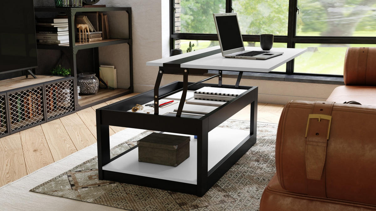 COUCHTISCH rechteckig Weiß Schwarz matt aufklappbar - Schwarz/Weiß, Holzwerkstoff (66/112/45cm) - designimpex