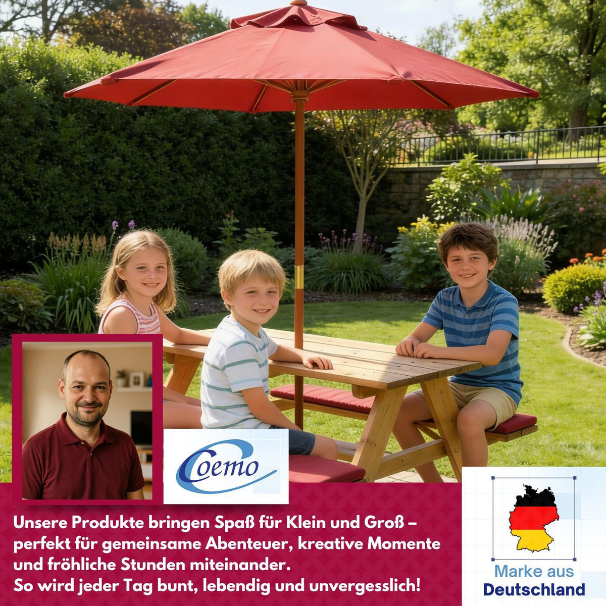 KINDERSITZGRUPPE GARTEN Holz mit Sitzauflagen + Sonnenschirm Farbe Natur 89/79/50 cm - Naturfarben, Holz (79/50/89cm) - Coemo