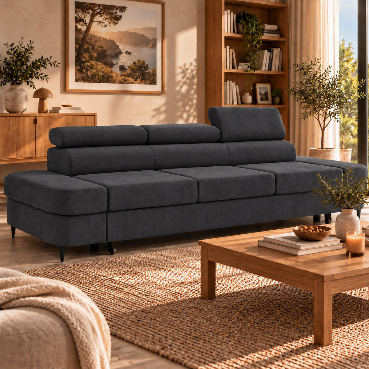 3-SITZER Sofa PRIAM mit Schlaffunktion 125x277 Velours Schwarz - Schwarz, Holz/Textil (278/95/102cm) - Muffo