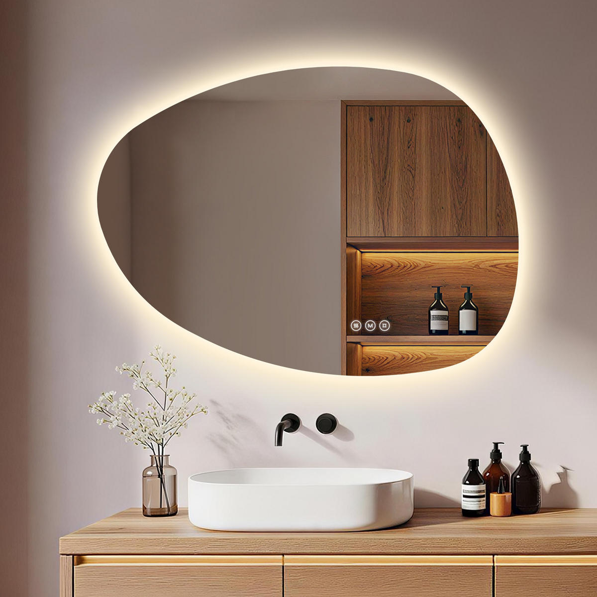 BADSPIEGEL MIT BELEUCHTUNG 75/55 cm asymmetrisch mit dimmbarer LED-Beleuchtung und Antibeschlag - Transparent, Glas (55/75/2.5cm) - S'AFIELINA