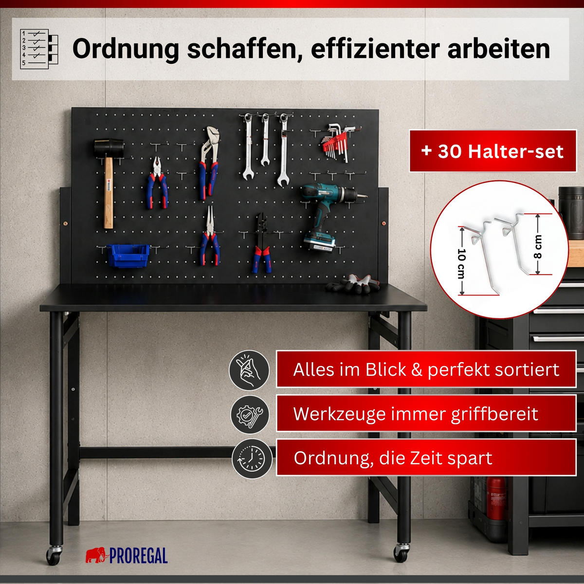 WERKBANK klappbar für Wandmontage TITAN mit Werkzeug Lochwand - Schwarz, Metall (115/144/63cm) - PROREGAL