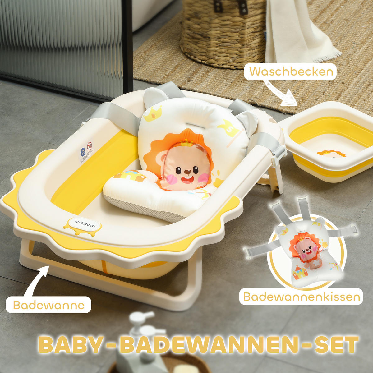 3ER -Set Babybadewanne, faltbar Baby Bathtub mit Löwenmustern, rutschfest - Gelb, Kunststoff (55/80.5cm) - AIYAPLAY