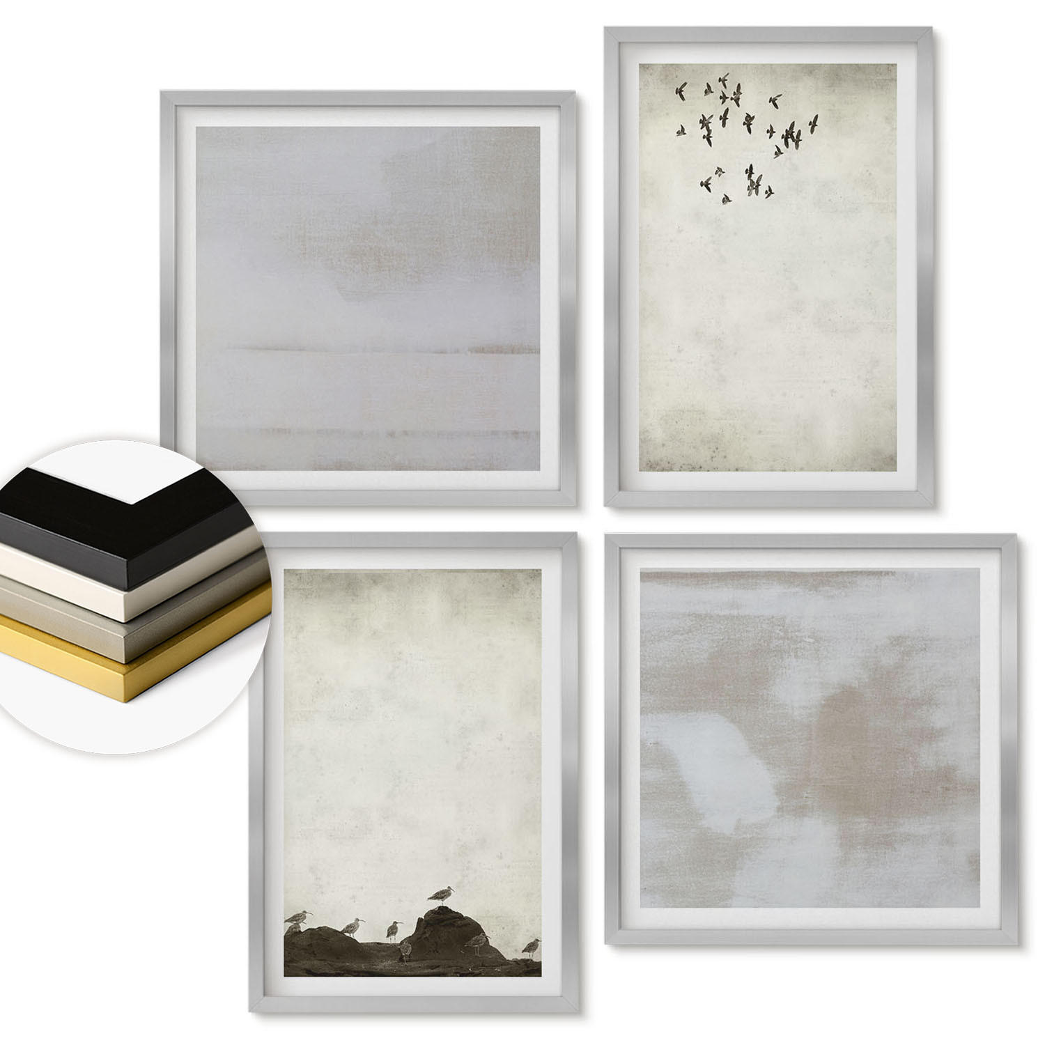 WANDBILDER 4er Set - 50x50 cm & 40x60 cm Silberner Rahmen - Textur eines Vogelschwarms - Silberfarben, Kunststoff (50/50cm) - ArtPrintCave
