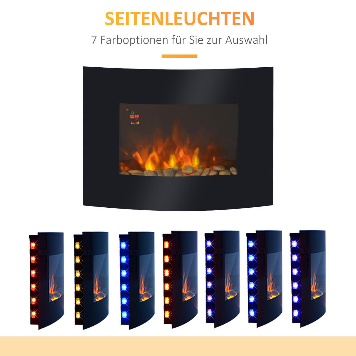 ELEKTROKAMIN Kaminofen Kamin Wandkamin mit Fernbedienung 2 Maße LED Licht - Schwarz, Metall (11.4/52/65cm) - HOMCOM