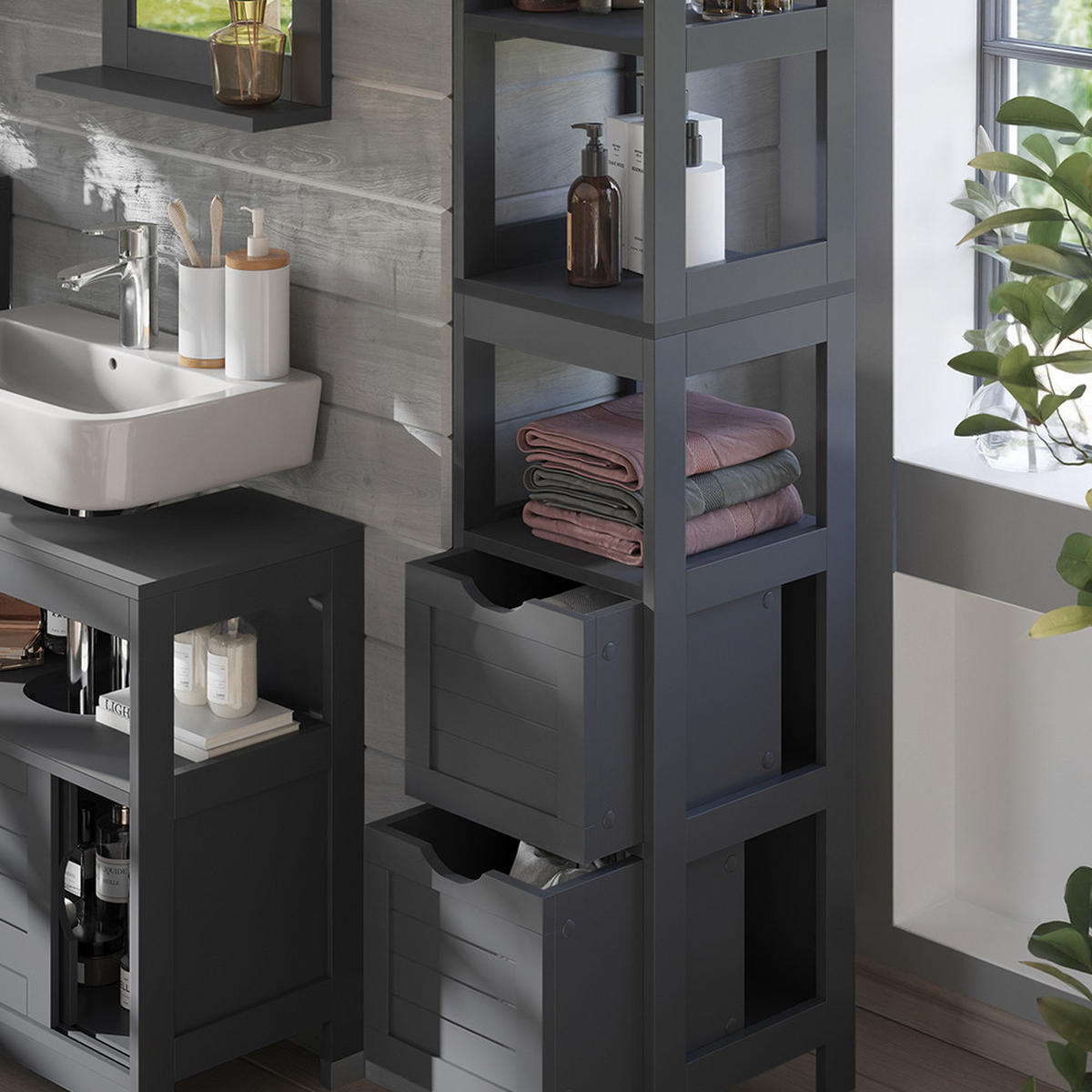BADSCHRANK Vilda Grau 30 x 144 cm mit 2 Schubladen - Grau, Holzwerkstoff (30/144/30cm) - Vicco