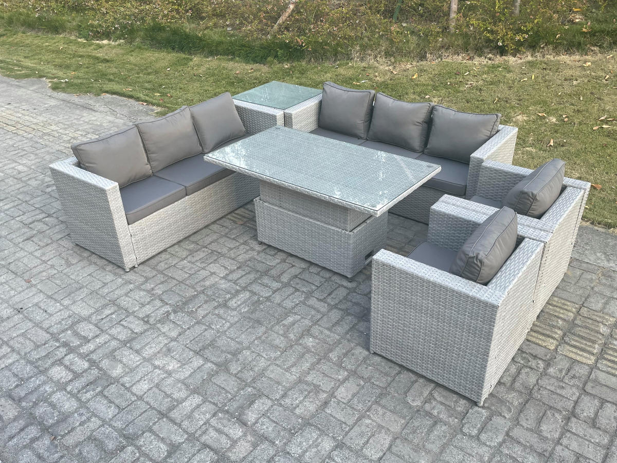GARTENMÖBEL SET Polyrattan Helles Grau 8-Sitzer - Hellgrau, Metall - Fimous