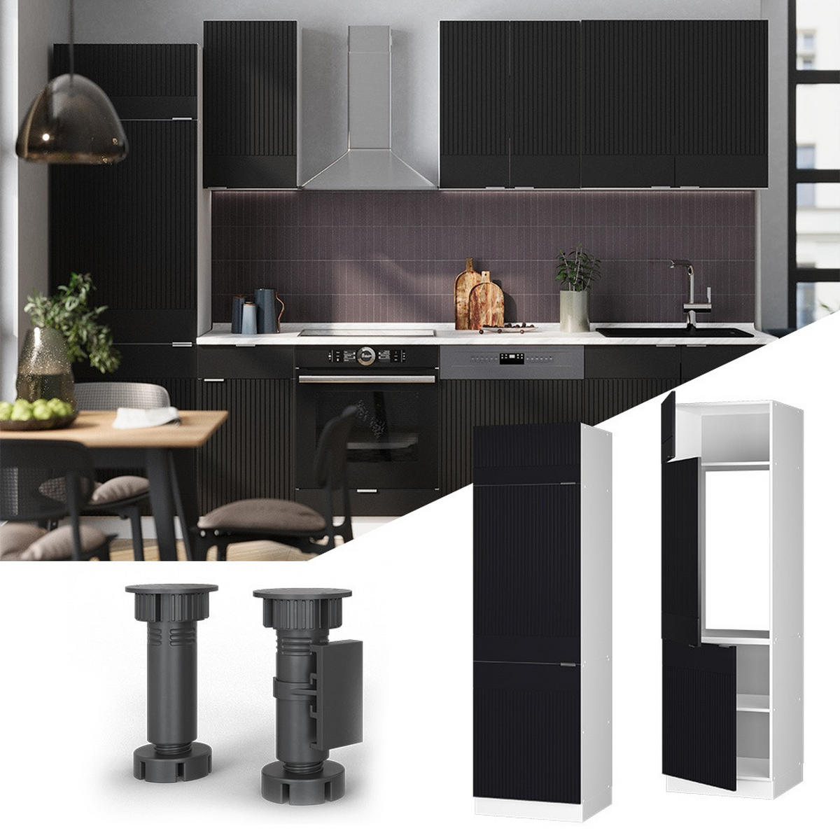 KÜHLUMBAUSCHRANK Fame-Line Schwarz gestreift 60 cm - Schwarz/Weiß, Holzwerkstoff (60/206.8/58.1cm) - Vicco