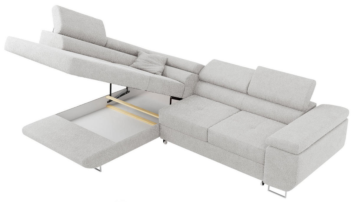 ROHOVÁ SEDAČKA GUSTAW L - Světle šedá Bouclé - Levá Strana - stříbrná/světle šedá, kov/textil (275/205cm) - MKS