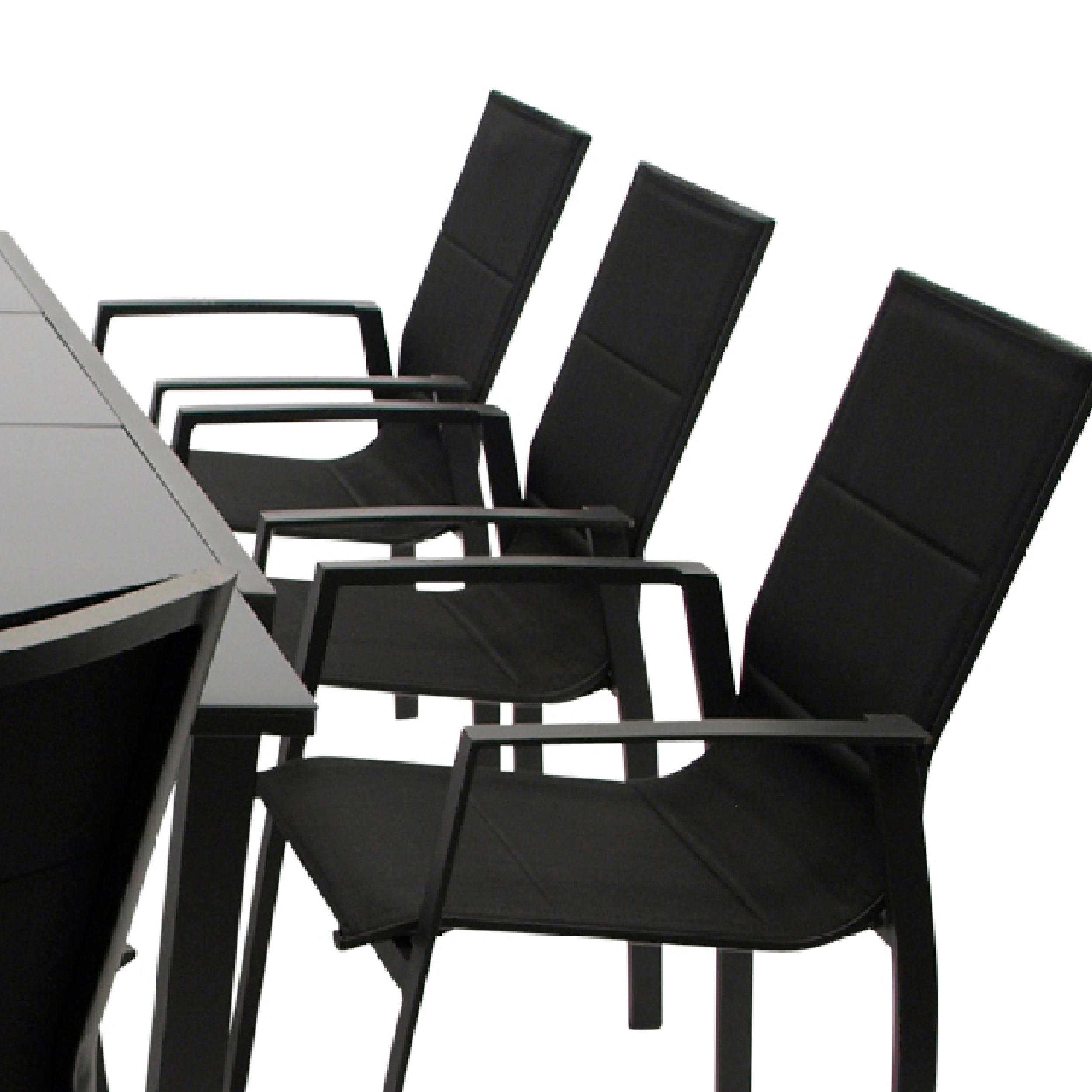 GARTENGARNITUR Ashford - 9-teilig (8x Stapelsessel, Aluminium + Kunstgewebe schwarz Ausziehtisch 180/240x100cm) - Schwarz, Metall - TPFGarden