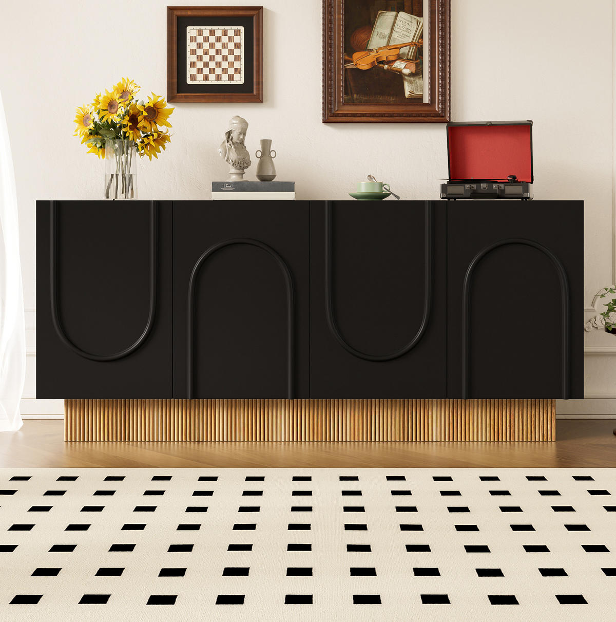 KOMMODE 160/75/38 cm Schwarz aus Spanplatte mit 4 Türen - Schwarz, Holzwerkstoff (38/75/160cm) - OKMYHOME