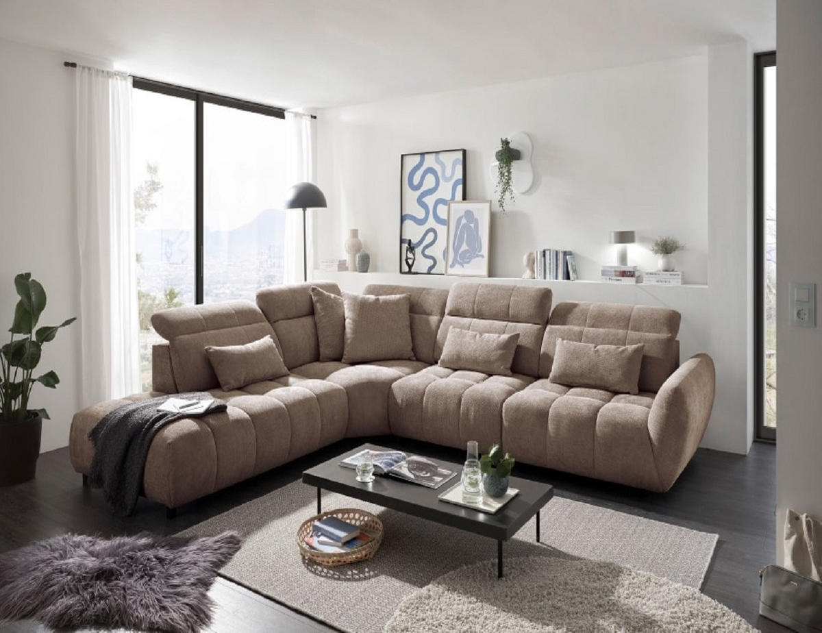 ECKSOFA mit verstellbaren Kopflehnen und Nosagfederung - Hellbraun, Textil (339/285cm) - ed exciting design