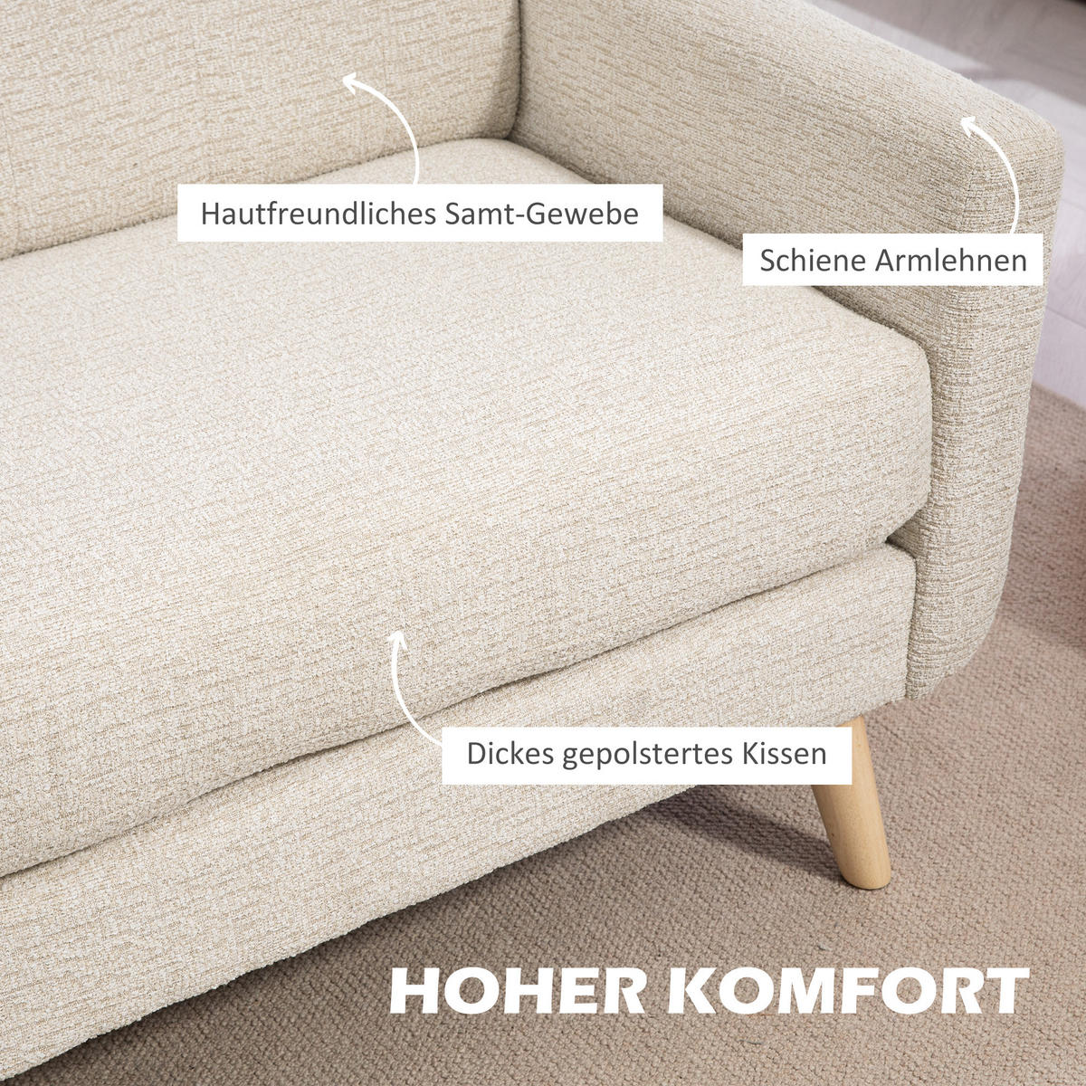 2 Sitzer Sofa, Couch mit Dickem Sitz- und Rückenkissen, Samtoptik, Beige - Beige, Kunststoff (71/82/134cm) - HOMCOM