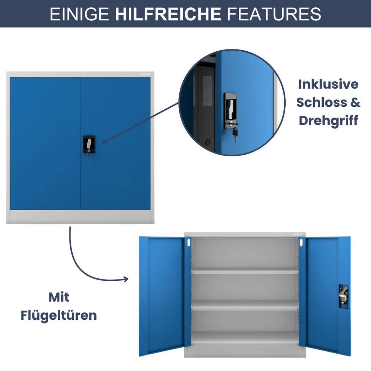 AKTENSCHRANK abschließbar KADO mit Flügeltüren 93x90x40cm Grau-Blau - Grau, Metall (90/93/40cm) - DELUKE