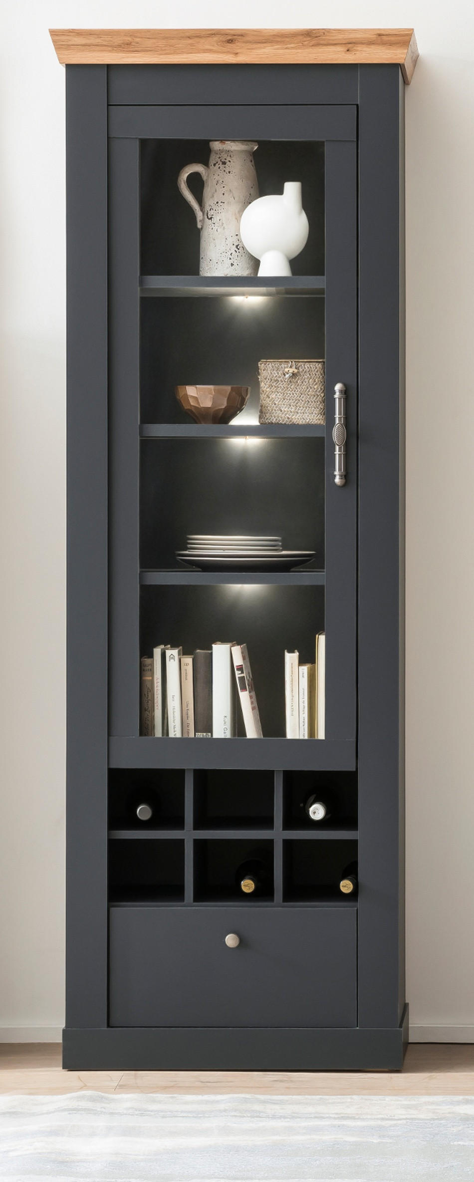 VITRINENSCHRANK grau, Eiche Wotan, Landhaus 72 cm, Vitrine mit Soft-Close - Silberfarben/Eiche Wotan, Glas/Holzwerkstoff (72/201/38cm) - Furn.Design